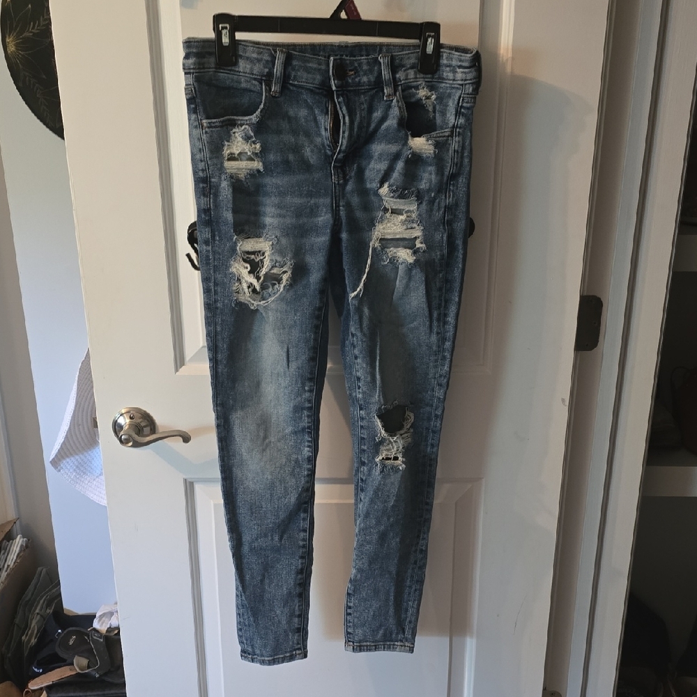 American Eagle Outfitters Blue Skinny Jeans with Distressed Details